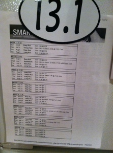 The training schedule on display on the fridge.